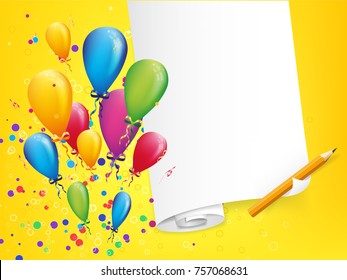 Happy birthday postcard with balloons explosion and blank paper. Child party invitation. Vector illustration.
