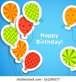 Happy birthday postcard with balloons. Vector illustration for your holiday greeting. Postcard picture in bright red, green, orange and blue color.