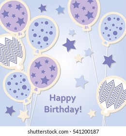 Happy birthday postcard with balloons. Vector illustration. Greeting card.
