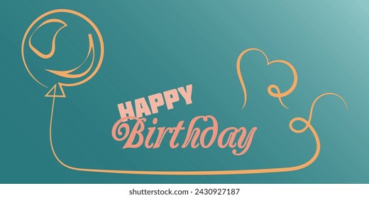 Happy Birthday сolorful postcard - banner. Line art yellow balloon with heart with congratulations inscription on gradient green background. Hand drawn vector illustration	