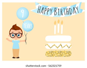 Happy birthday postcard with cake. Happy Birthday background for poster, banner, card, invitation, flyer. Young Boy holds balls with congratulations. Vector illustration eps 10. Flat cartoon style.