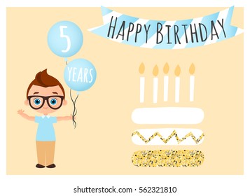 Happy birthday postcard with cake. Happy Birthday background for poster, banner, card, invitation, flyer. Young Boy holds balls with congratulations. Vector illustration eps 10. Flat cartoon style.
