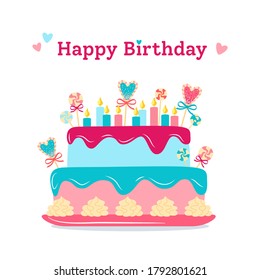 Happy birthday postcard. Cake with candles and sweets. Cute cartoon pie. Vector illustration isolated on white background
