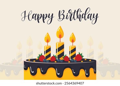 happy birthday postcard with cake with candles  flat illustration