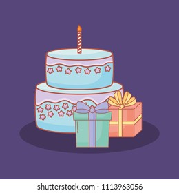 happy birthday postcard with cake and gifts