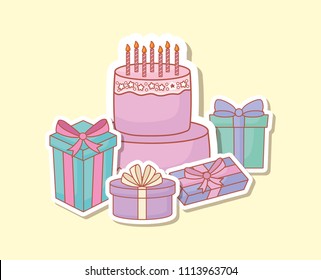 happy birthday postcard with cake and gifts