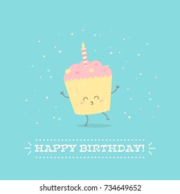 Happy Birthday postcard with cheerful cupcake for greeting templates, celebration banners, invitations, flyers