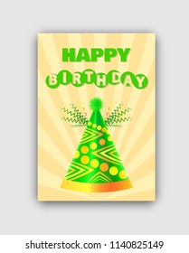 Happy birthday postcard color vector illustration, cute green headwear with bubo and waving ribbons on top, geometric ornament and decorative lines