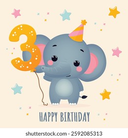 Happy Birthday postcard with cute elephant and number three flat vector illustration