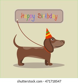 Happy Birthday. Postcard with the dog on the day of birth in the children's style