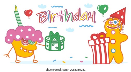 HAPPY BIRTHDAY. Postcard with a funny cupcake and his girlfriend cookies give gifts, heart-shaped balloons, confetti and the inscription Birthday on a white background. Vector illustration.