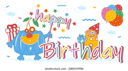HAPPY BIRTHDAY. Postcard with funny jelly with cookies, gifts, balloons, confetti, sky, clouds and the inscription Happy Birthday on a white background. Vector illustration.