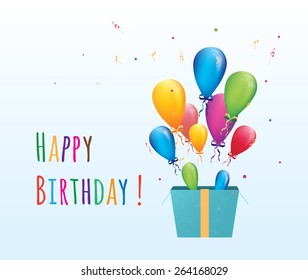 Happy birthday postcard with gift and balloons explosion. Child party invitation. Vector illustration.