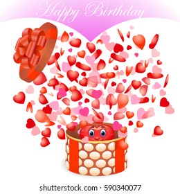 Happy Birthday Postcard. Gift Box with hearts Inside Wrap in Red Ribbon. Vector illustration.