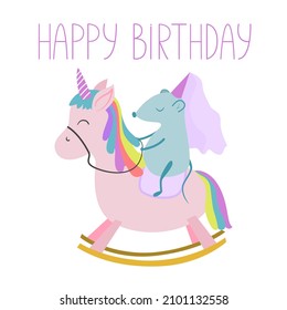 Happy birthday postcard. Greeting card for a girl with a unicorn, a fairy mouse and an inscription. Postcard template in cartoon style for printing and publishing on the website