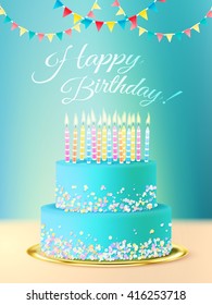 Happy birthday postcard with layered round  cake with blue icing candles and festive background realistic vector illustration 