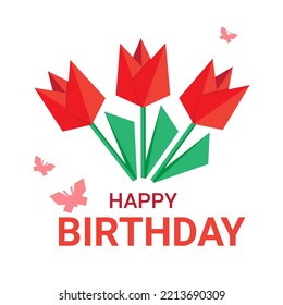 Happy Birthday postcard Origami flower with butterfly, Paper cut flower. Wedding decorations. Decorative bridal bouquet, isolated floral design elements. Greeting card template. Vector illustration