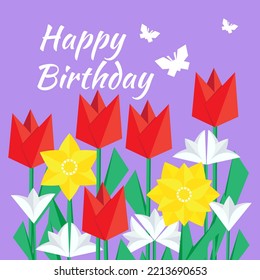 Happy Birthday postcard Origami flower with butterfly, Paper cut flower. Wedding decorations. Decorative bridal bouquet, isolated floral design elements. Greeting card template. Vector illustration