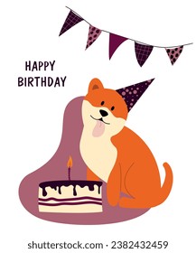 Happy birthday postcard with pet. Cute dog: shiba inu. Elements of party: gifts, garland, cake, candle, birthday hat.