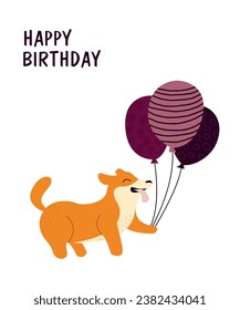 Happy birthday postcard with pet. Cute happy dog corgi with balloons.