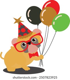 Happy birthday postcard with pet. Cute dog: pug. Elements of party: balloons, birthday hat, crown