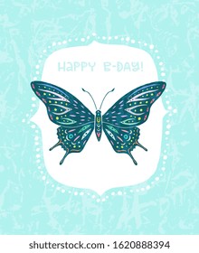 Happy Birthday Postcard with phrase and decorative butterfly logo. Design with hand lettering. Vector illustration. 