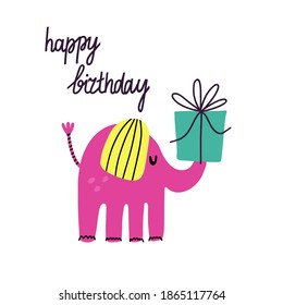 Happy birthday. Postcard in primitive minimalist style, cute elephant with festive present and gifts, kid greeting or invitation card modern party poster flat vector doodle isolated illustration
