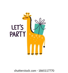 Happy birthday. Postcard in primitive minimalist style, cute giraffe with festive presents and gifts, kid greeting or invitation card modern party poster flat vector doodle isolated illustration