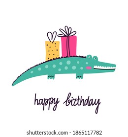 Happy birthday. Postcard in primitive minimalist style, cute crocodile with festive presents and gifts, kid greeting or invitation card modern party poster flat vector doodle isolated illustration