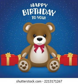 Happy Birthday Postcard With Realistic Teddy Bear And Gift Box Vector Illustration