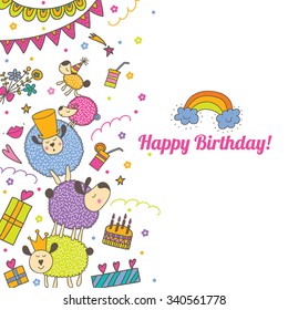 Happy Birthday! Postcard with sheep. Vector postcard.