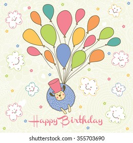 Happy Birthday! Postcard with sheep. Vector postcard.
