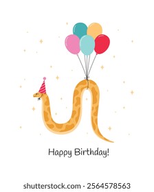 Happy Birthday postcard with a snake in a hat and air balloons. 2025 New Year symbol. Chinese lunar new year symbol. Vector illustration