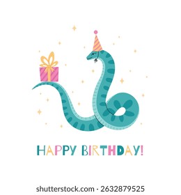 Happy Birthday postcard with a snake in a holiday hat with a gift box. Chinese zodiac symbol. Chinese lunar new year symbol. Vector illustration