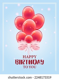 Happy Birthday postcard template with balloons and bow on blue background. Holiday vector illustration
