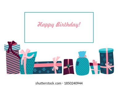 Postal de cumpleaños feliz con texto en el marco.Cajas de regalo,convoluciones en papel de envoltura festivo de diferentes formas,tamaño.Regalos de vacaciones con cintas y arcos.Envasos con colores turquesa rosa
