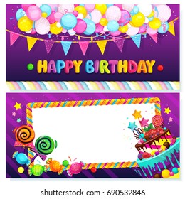 Happy birthday postcard. Vector festive illustration of balloons, flags and sweets and frame 