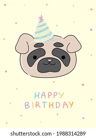 Happy birthday postcard vector illustration eps 10. Baby print, banner, brochure, happy pet with smiling face. Text with cute dog yellow background.