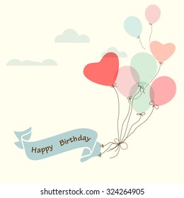 Happy birthday postcard, vintage ribbon with heart balloon - vector design