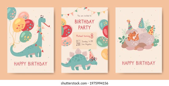 Happy birthday, postcards with dinosaurs and invitation to holiday. Stegosaurus, brontosaurus, and a small newborn dinosaur that hatched from an egg. Dinos on holiday cards for kids. Vector, cartoon