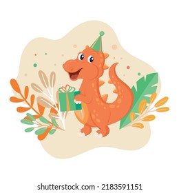 Happy birthday, postcards with dinosaurs and invitation to holiday.  Dinosaur on holiday cards for kids. Vector, cartoon