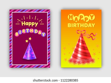 Happy birthday postcards set with decorated title. Hats with lines ornaments and stars pattern. Celebrational caps for partying vector illustration