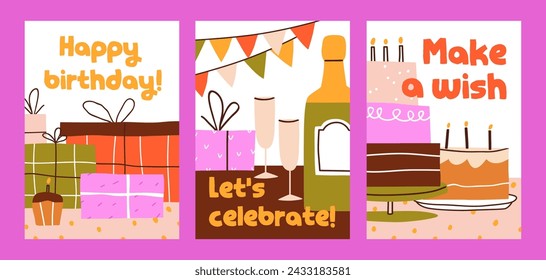 Happy birthday postcards set. Greeting card backgrounds, designs with holiday cake, candles, gift boxes, presents, surprises, champagne and wineglasses. Modern trendy flat vector illustrations