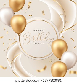 Happy Birthday poster with balloons and confetti on beige background. Vector illustration for banner, poster, flyer, greeting card and advertisement.