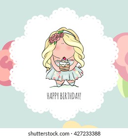 happy birthday poster in cute doodle style. little girl holding cake. blue and pink color. princess with birthday cupcake. Romantic Invitation card for little girl. shabby chic. bobblehead