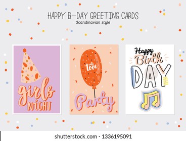 Happy Birthday poster with cute holiday party elements; gift box, ballon, cake, candle, hat. Isolated. Color background. Vector. Good for kids