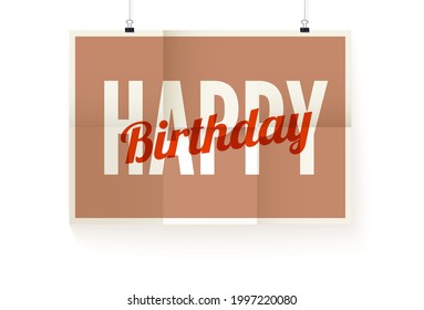 Feliz cumpleaños. Diseño de afiches de texto colgado en la pared. Papel con pliegues. Ilustración del vector 3d