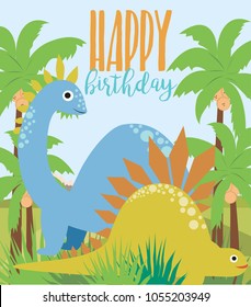 Happy Birthday poster with fun dinosaur. Vector illustration