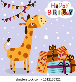 Happy Birthday poster with giraffe - vector illustration, eps