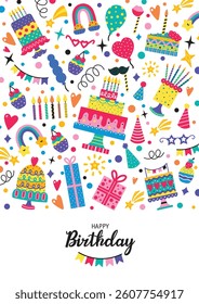 Happy Birthday poster. Greeting card. Party decoration, gift box, cake, party. Hand drawn elements. Vector illustration. 